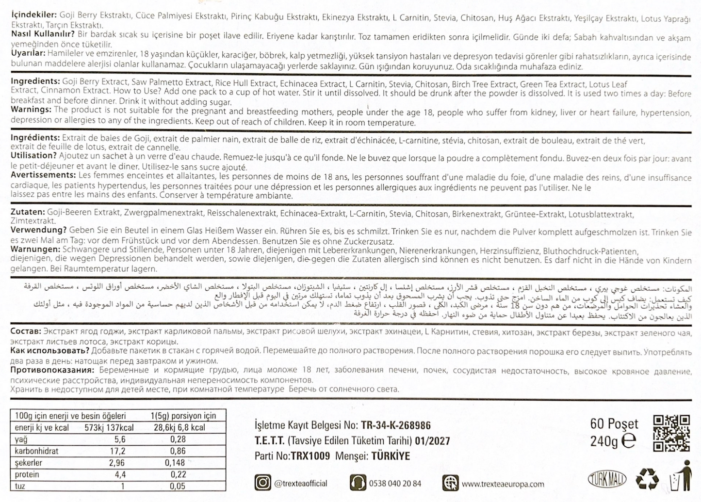 Informations sur l'emballage - Trex Tea France Sachets Trex Tea – cure minceur 15 jours