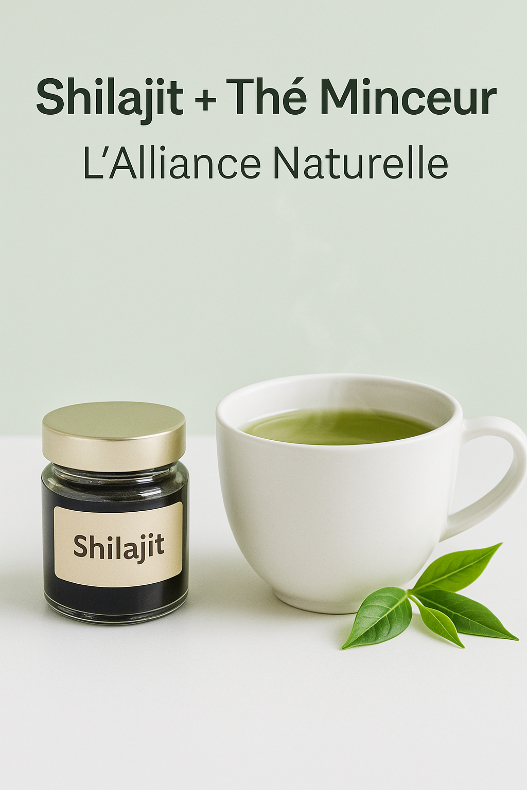 Pot de Shilajit et tasse de thé vert chaud posés sur une table blanche, symbolisant l’alliance naturelle entre le Shilajit et le thé minceur.