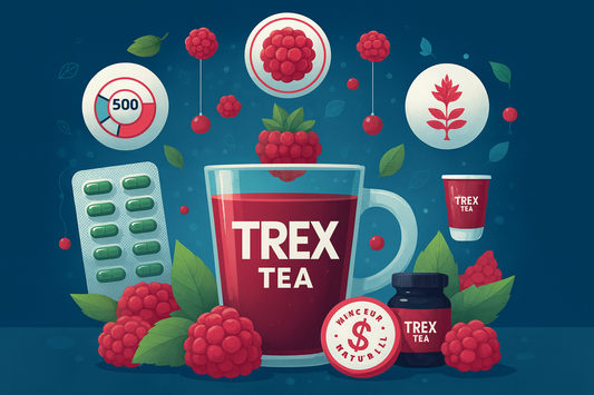 Tasse de thé minceur Trex Tea entourée de feuilles vertes, de gélules naturelles et d’un pot de Shilajit sur fond rouge et bleu, illustrant une routine de perte de poids naturelle.
