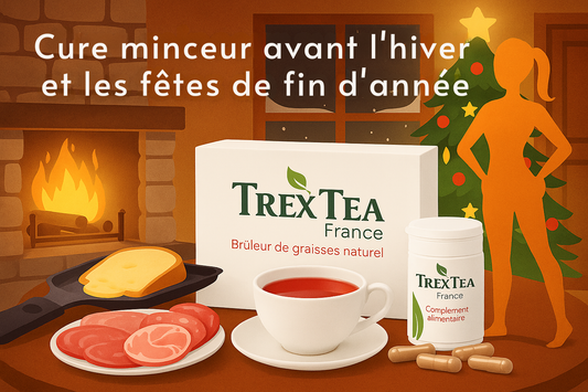 llustration promotionnelle hivernale mettant en scène les produits Trex Tea France — boîte de thé et gélules minceur — dans une ambiance chaleureuse de repas d’hiver avec raclette, fromage et chocolat.