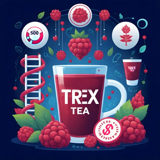 Illustration colorée d’une tasse de Trex Tea rouge aux framboises, entourée de fruits, de feuilles et d’éléments symbolisant l’énergie et la vitalité naturelle du thé minceur Trex Tea.