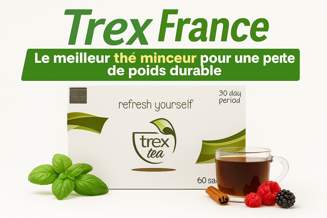 Bannière Trex Tea France saveur fruits rouges présentant la boîte de thé minceur, une tasse de thé chaude, des framboises et des myrtilles fraîches sur fond vert et blanc. Slogan : Le thé minceur naturel pour une perte de poids saine et durable.