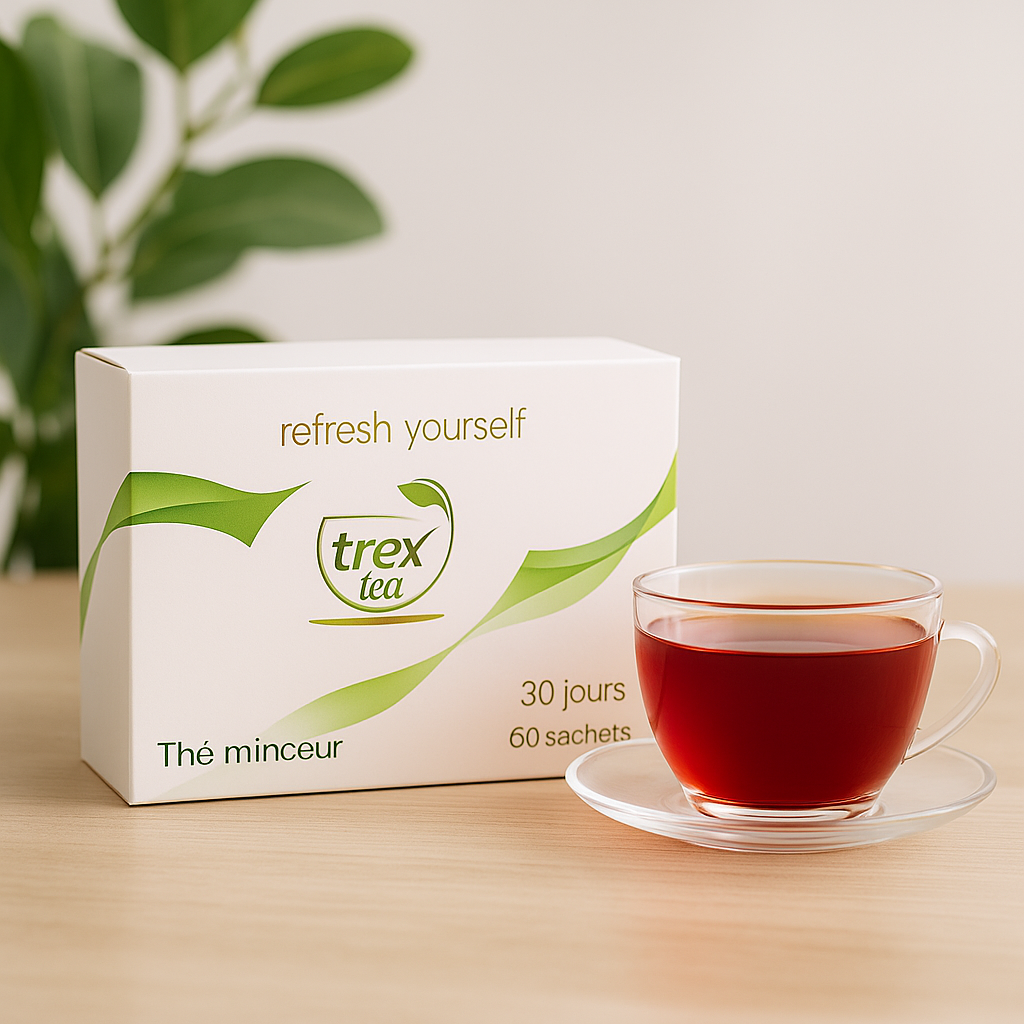 Boîte de Trex Tea et tasse de thé chaude sur une table en bois, illustrant le thé minceur naturel pour une cure de 30 jours.