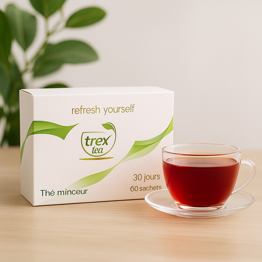 Boîte de Trex Tea et tasse de thé chaude sur une table en bois, illustrant le thé minceur naturel pour une cure de 30 jours.