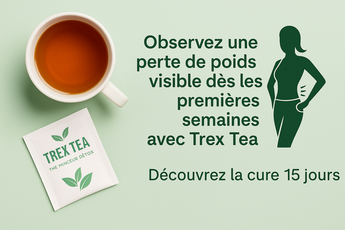 Image d’un thé Trex Tea avec une tasse fumante et une silhouette féminine svelte sur fond vert clair, illustrant la perte de poids et la réduction du tour de taille dès les premières semaines.