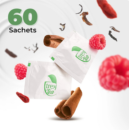 Sachets de thé Trex Tea – cure minceur naturelle de 60 sachets à base de plantes, arômes de framboise et cannelle, infusion détox et brûle-graisses pour silhouette affinée.