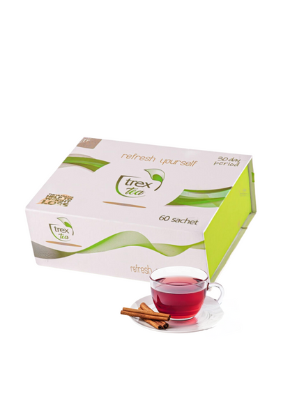 Boîte Trex Tea 60 sachets avec tasse d’infusion rouge — thé minceur détox naturel pour cure de 30 jours, brûle-graisses et bien-être digestif.