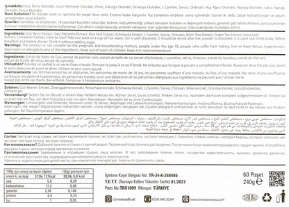 Composition naturelle du thé Trex Tea : thé vert, feuille de lotus, cannelle, baies de goji, stévia, échinacée, chitosan, écorce de bouleau, son de riz et L-carnitine — infusion minceur détox 100 % végétale.
